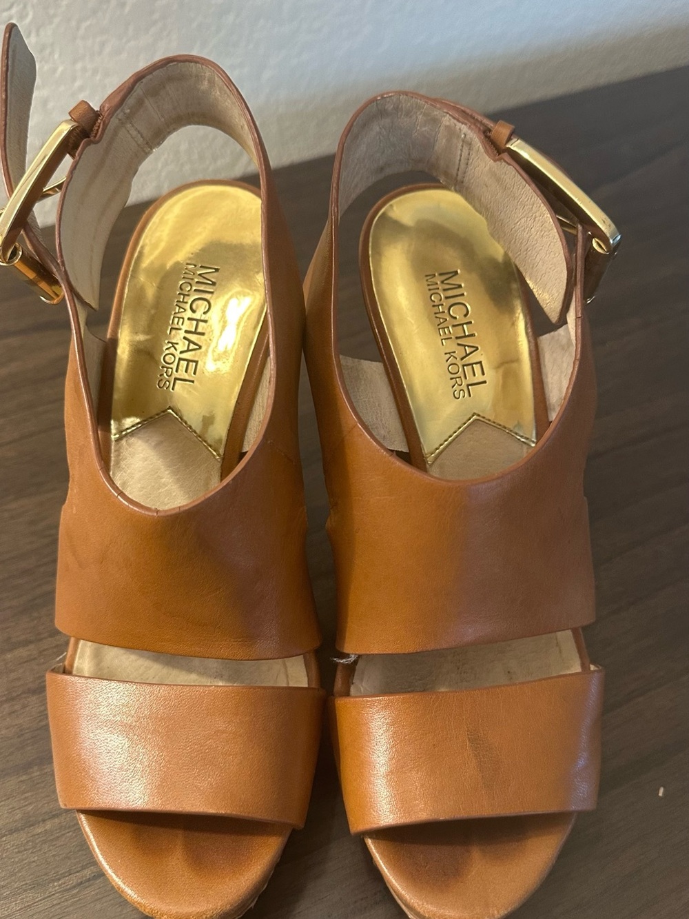 Michael Kors tan wooden wedges